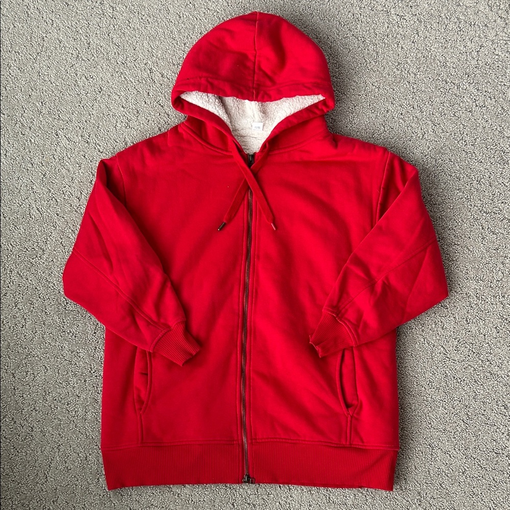 Old Navy Sherpa Fleece Hoodie Jacket Red Holiday Cabincore Barn Women’s Small